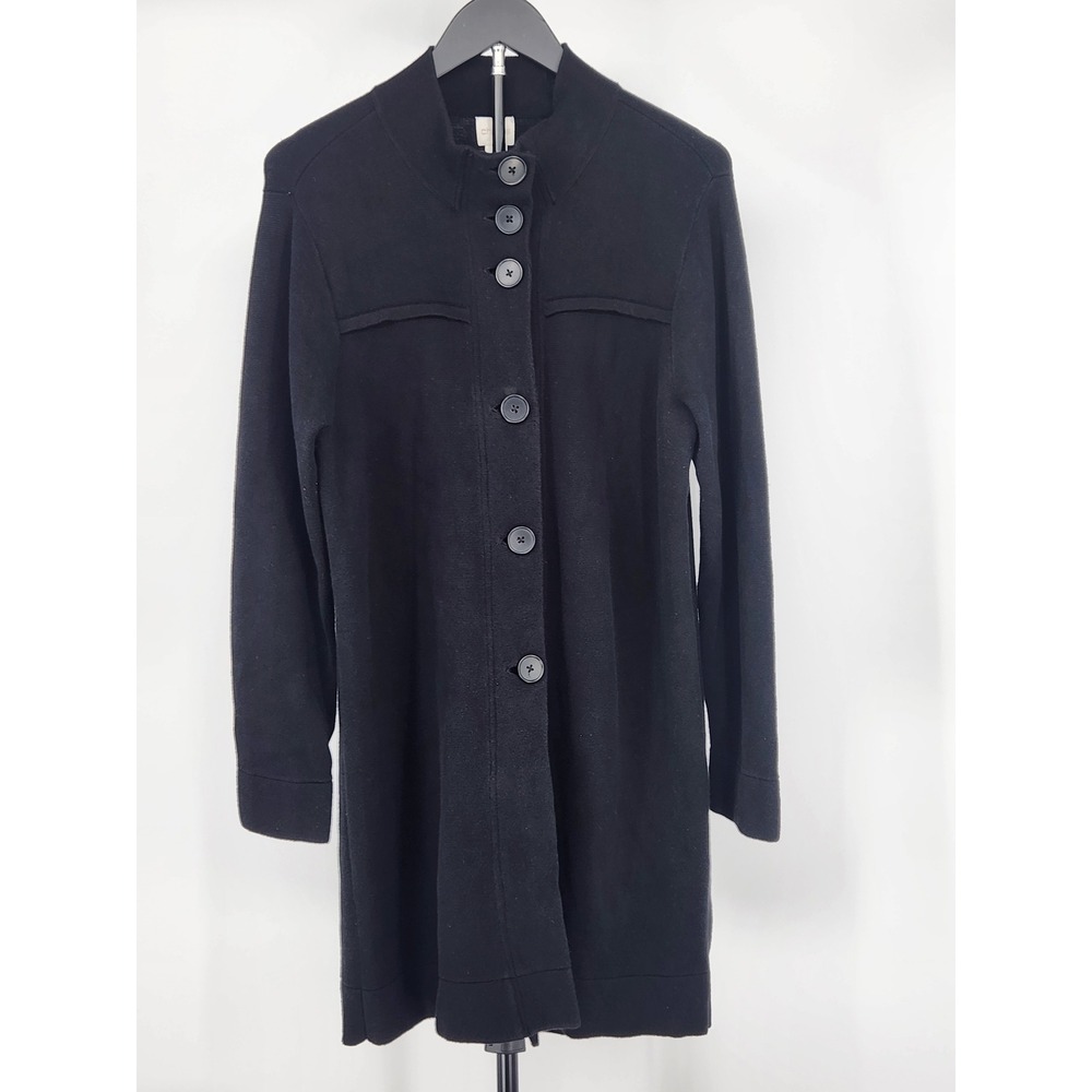 Chico's Black 100% Cotton Mock Neck Button Front Longline Cardigan Sweater Sz 1 - Picture 1 of 8